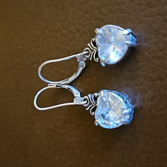 Sterling Silver Swarovski Crystal Heart Leverback Dangle Earrings - Picture 3 of 7